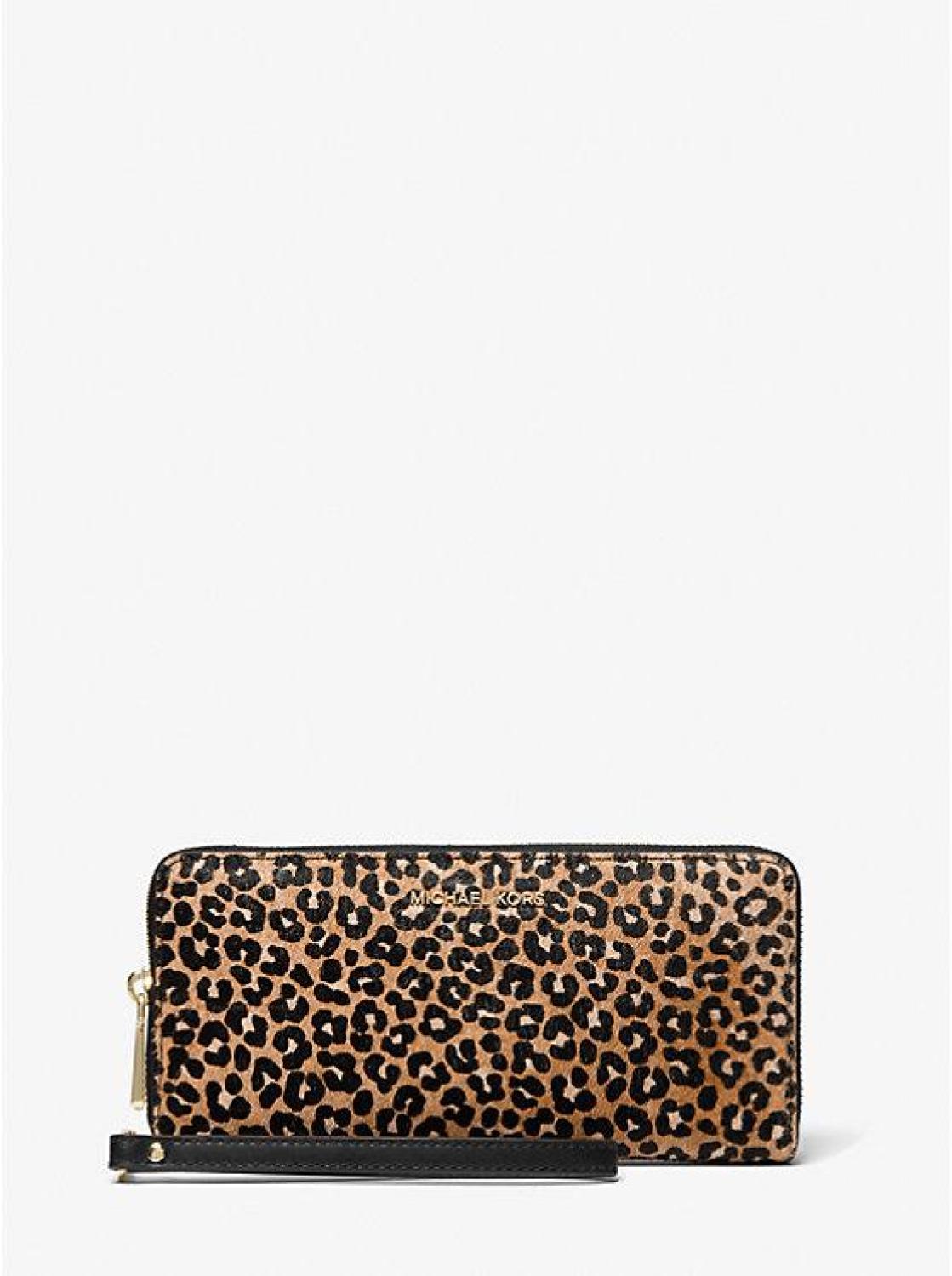 Large Leopard Print Calf Hair Continental Wallet