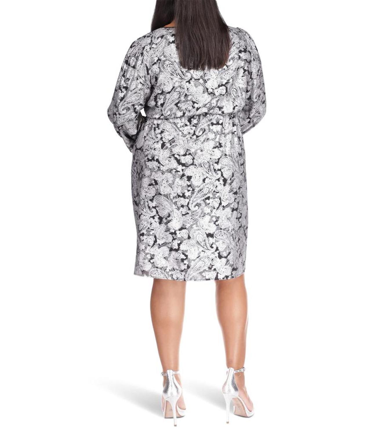 Plus Size Foil Paisley Long Sleeve Flounce Dress