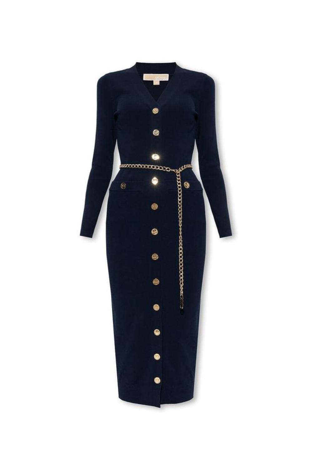 Michael Michael Kors V-Neck Stretch Belted Midi Dress Michael Michael Kors V-Neck Stretch Belted Midi Dress