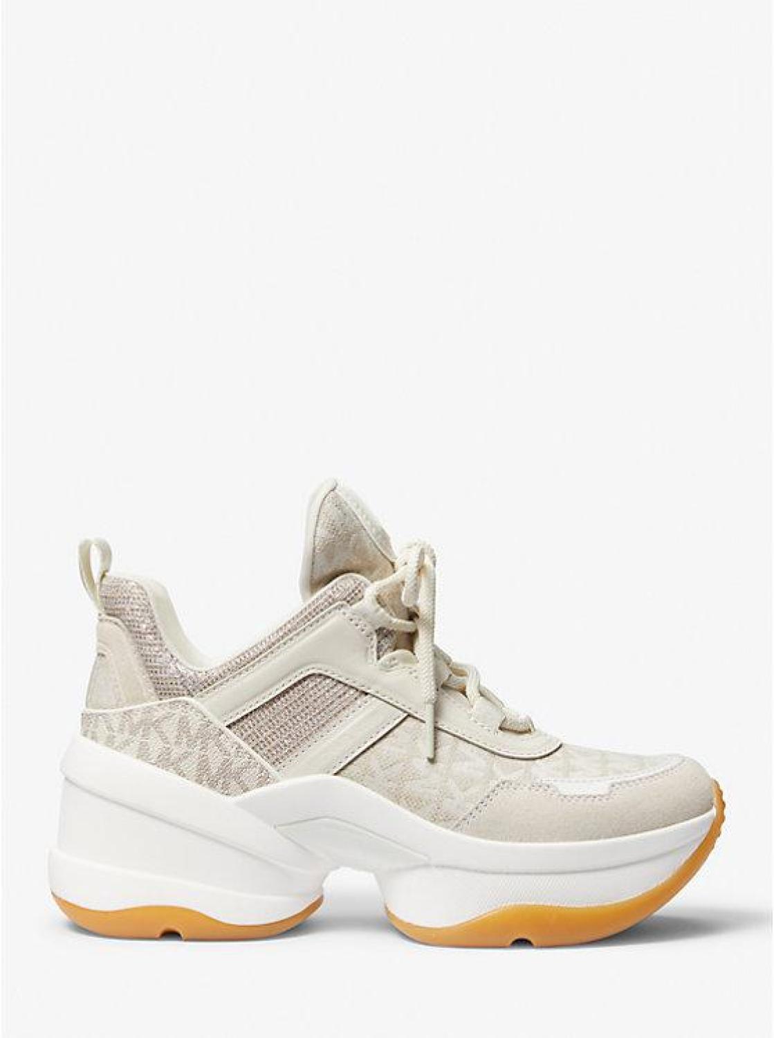 Olympia Logo Jacquard and Glitter Chain-Mesh Trainer