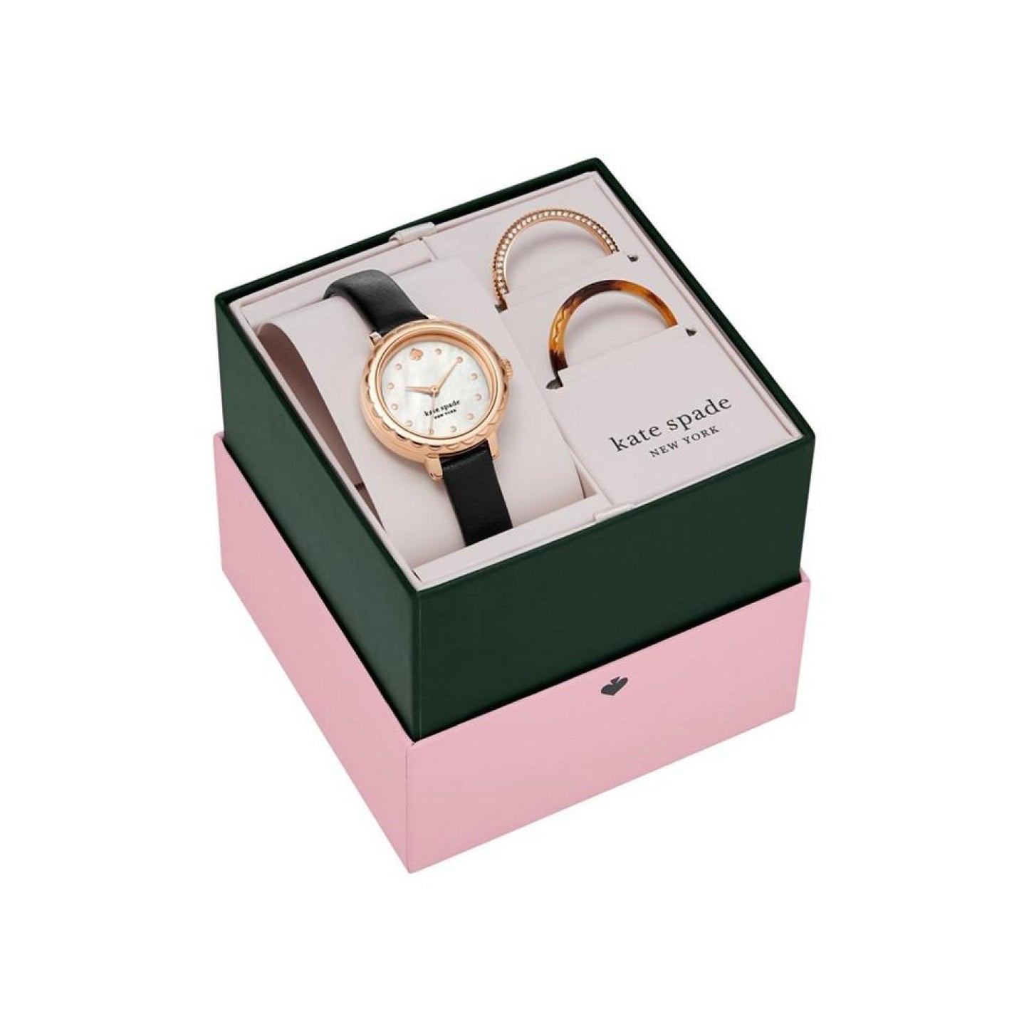 Women's Morningside Black Leather Strap Watch and Top Ring Set, 34mm