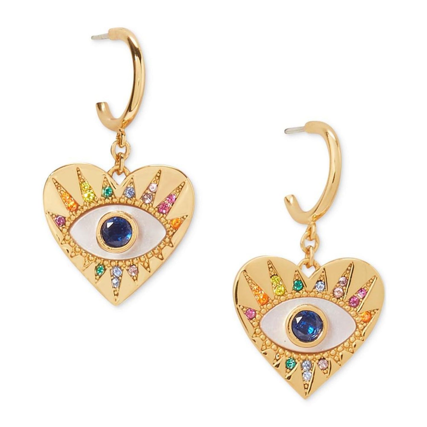Gold-Tone Multicolor Cubic Zirconia Evil Eye Heart Charm Huggie Hoop Earrings