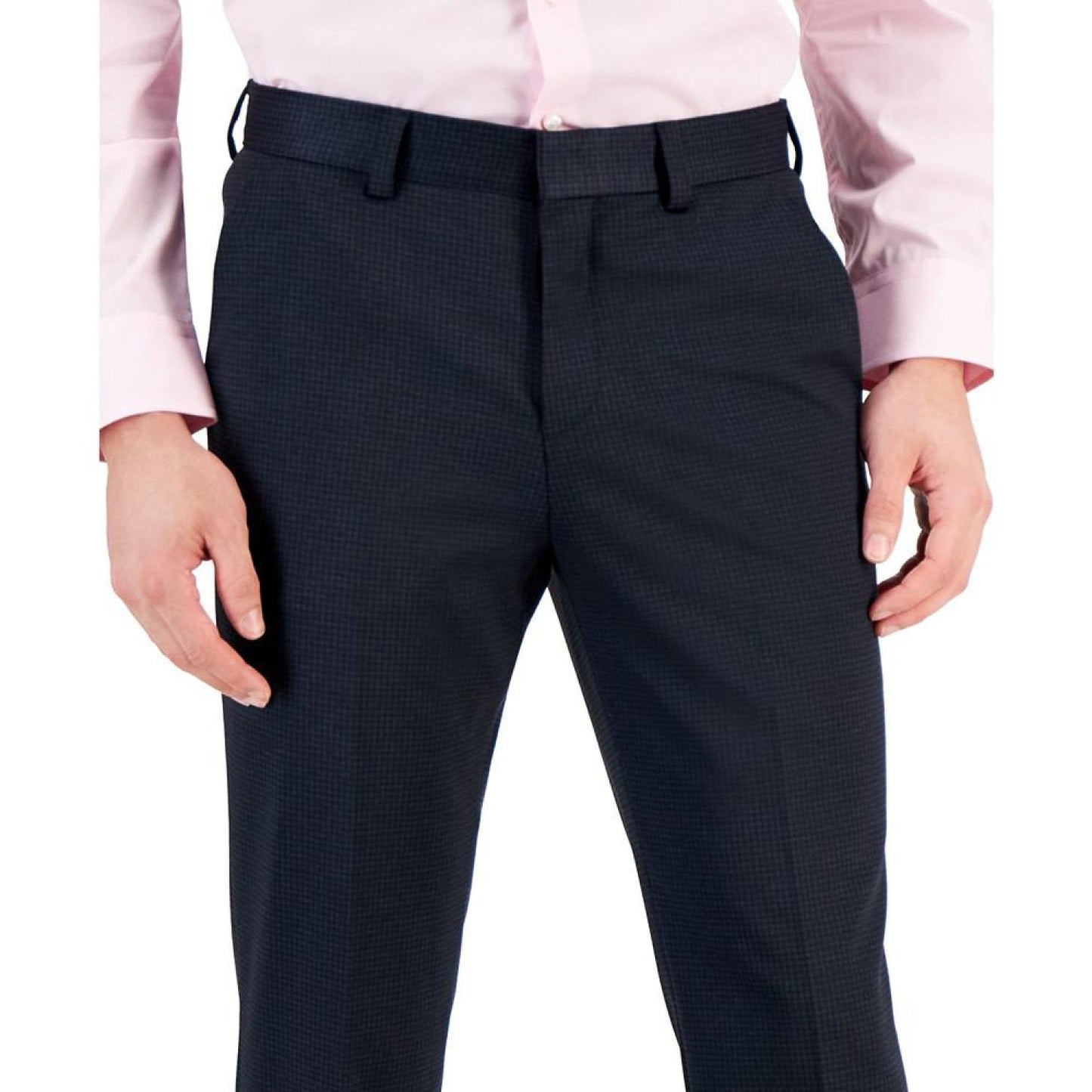 Men's Modern-Fit Stretch Navy Mini-Check Suit Pants