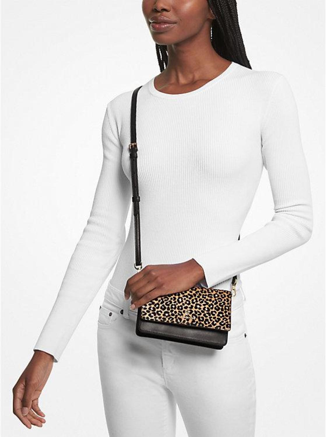 Jet Set Small Leopard Print Calf Hair Smartphone Convertible Crossbody Bag