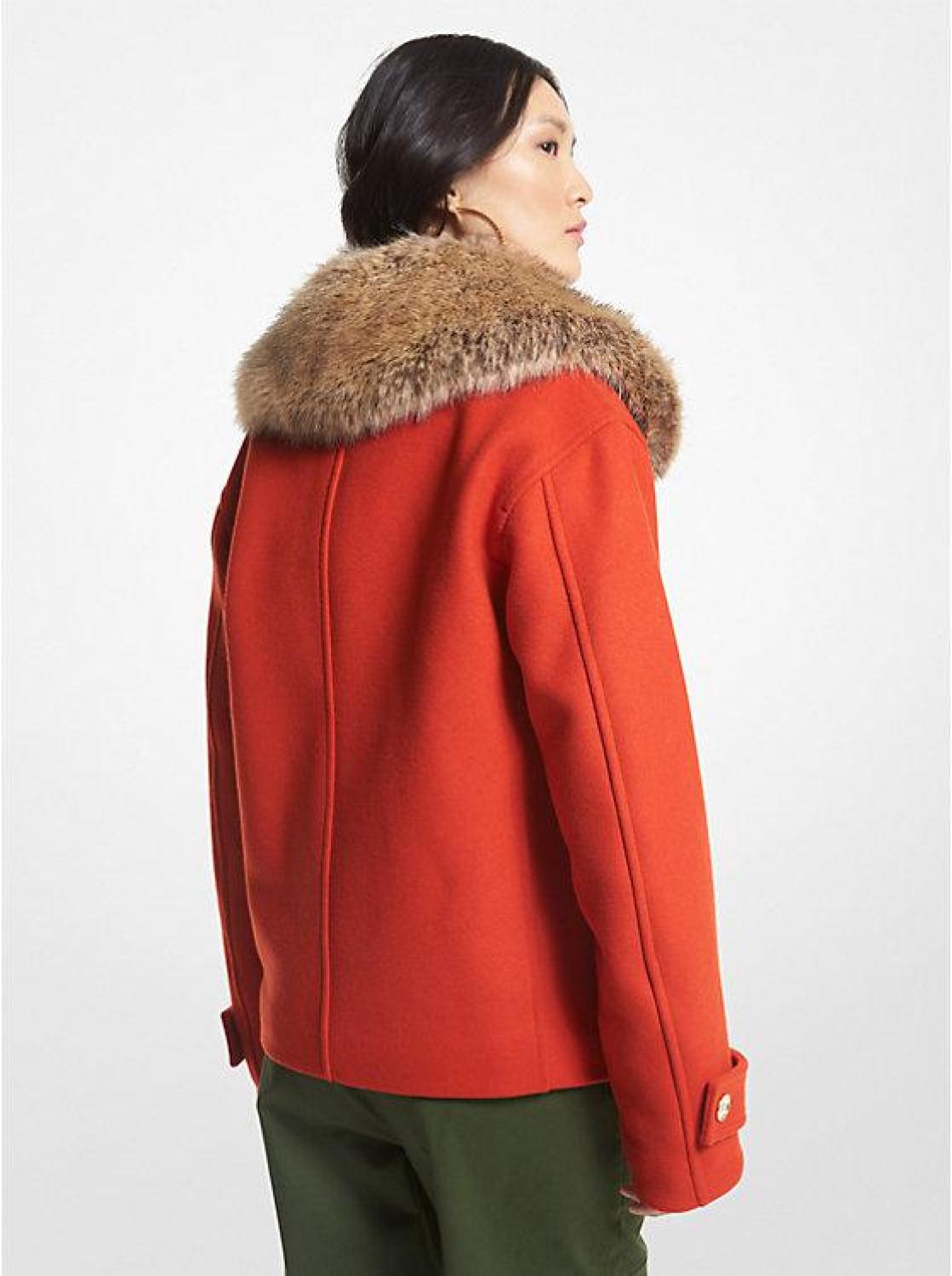 Faux Fur Trim Wool Blend Peacoat