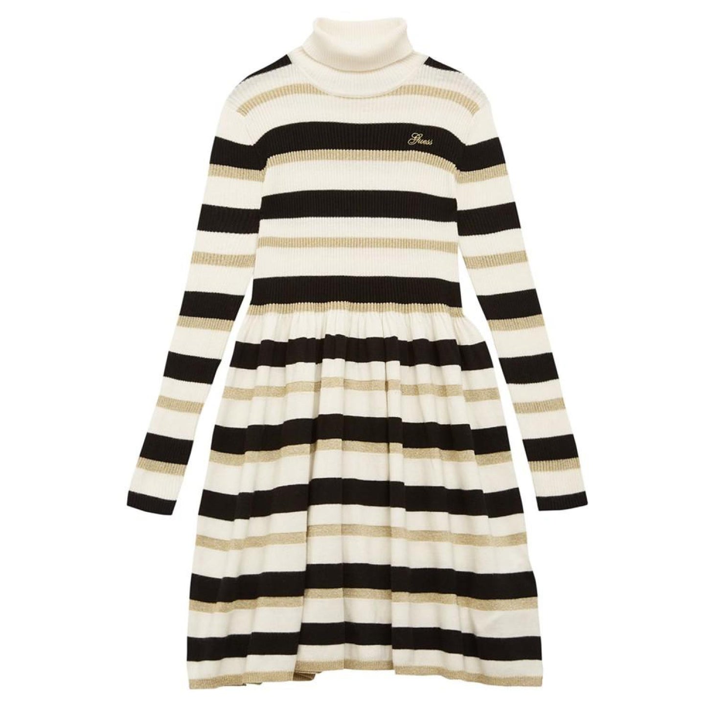 Big Girls Sweater Knit Lurex Fit and Flare Turtleneck Stripped Dress