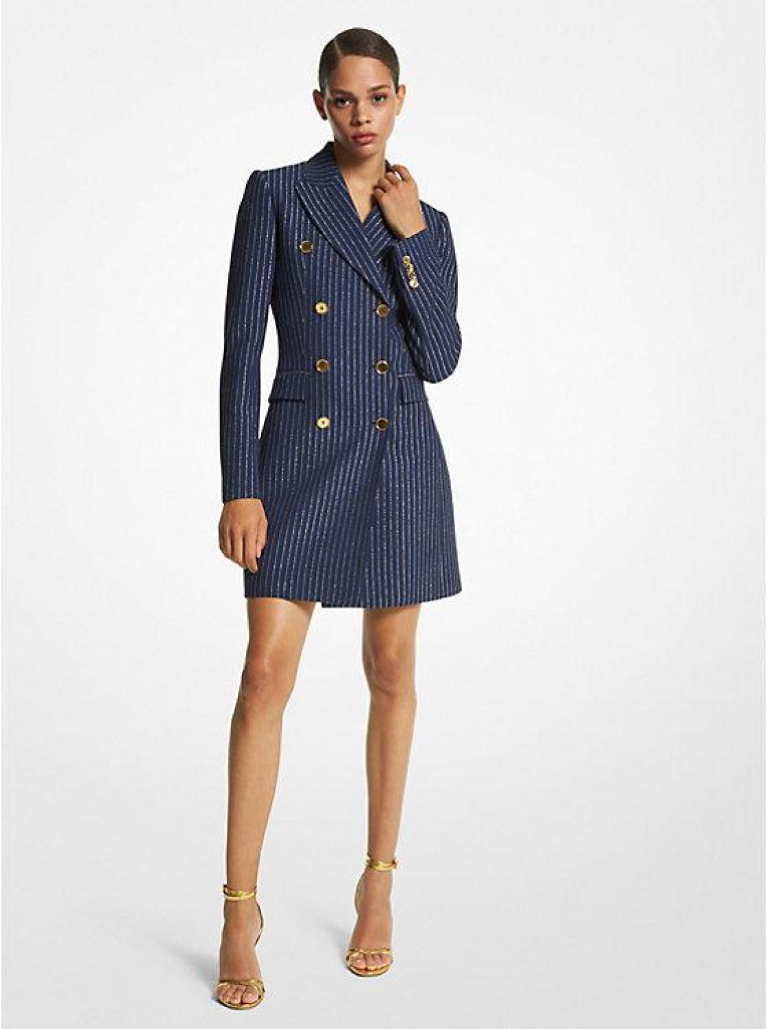 metallic tuxedo dress Metallic Pinstripe Double Crepe Sablé Tuxedo Dress