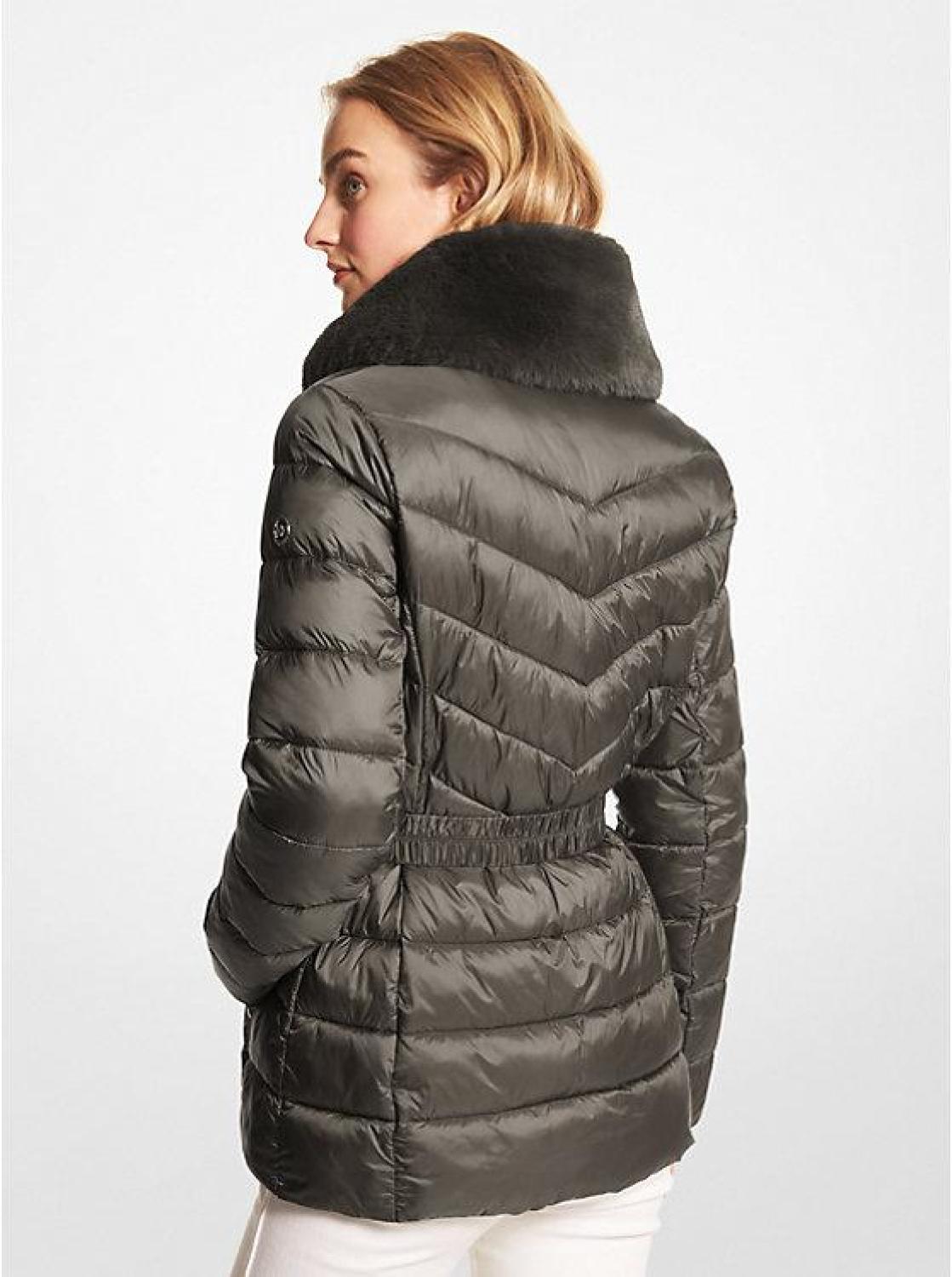 Faux Fur Trim Quilted Nylon Packable Puffer Jacket