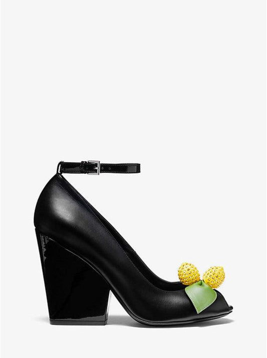 Julianne Lemon-Embellished Leather Peep-Toe Pump