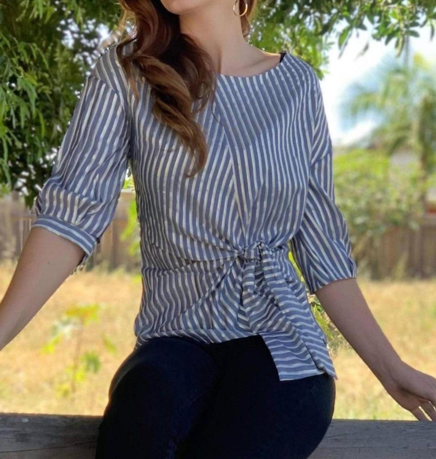 Yang Top Front Tie Blouse In Stripe Gold Lurex