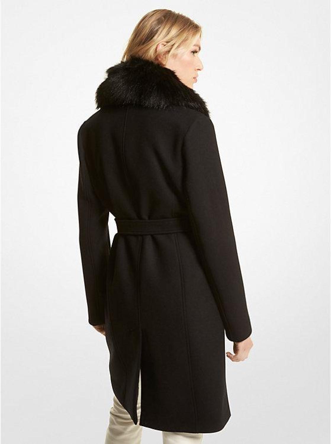 Faux Fur-Collar Wool Blend Coat