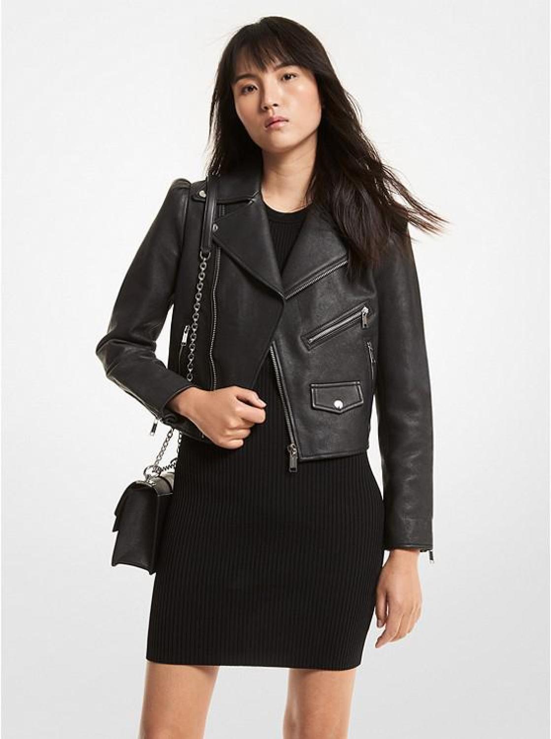 Pebbled Leather Puff-Sleeve Moto Jacket