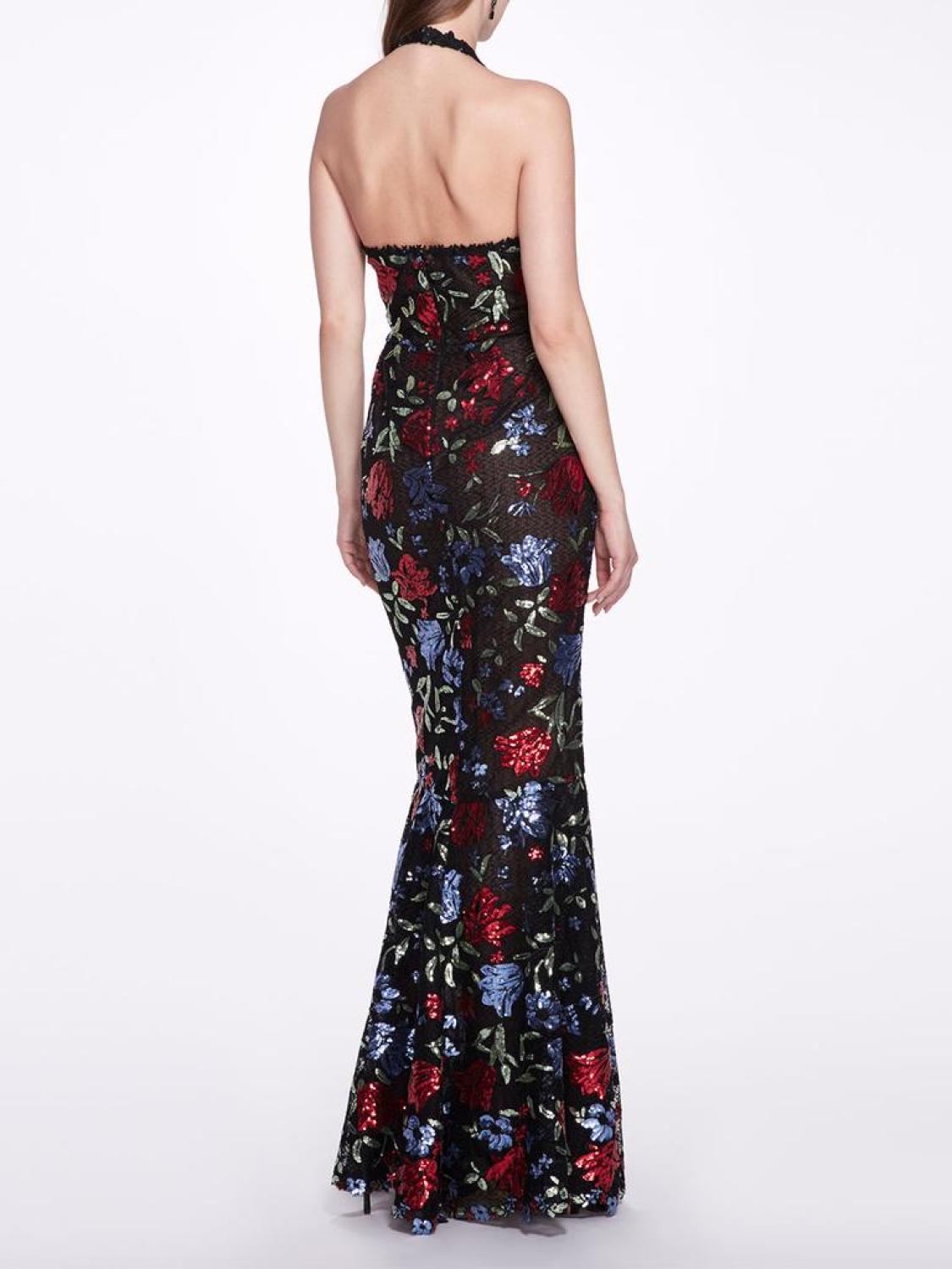 Sleeveless Halter Embroidered Sequin Gown