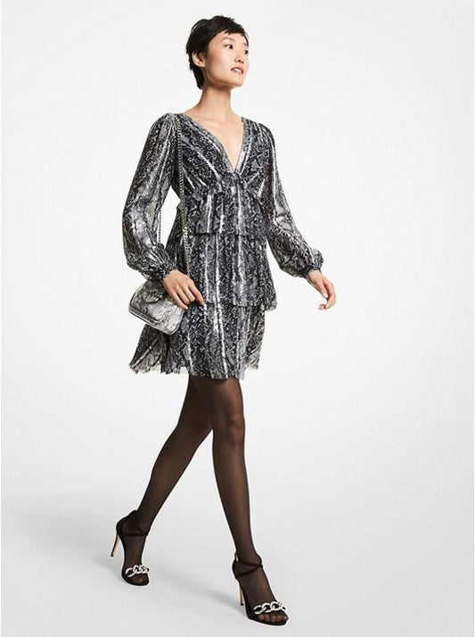 Metallic Snake Jacquard Tiered Dress