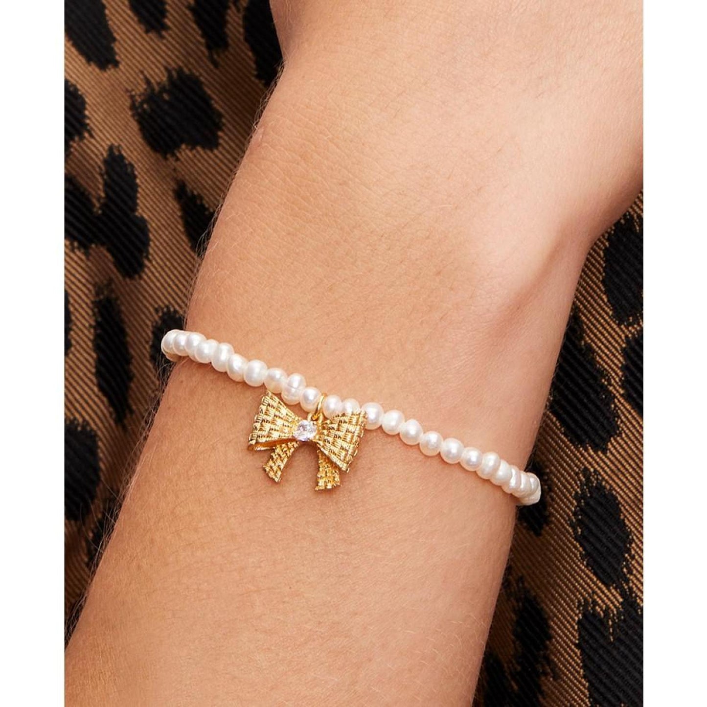 Gold-Tone Cubic Zirconia Bow Charm Freshwater Pearl (4mm) Bracelet