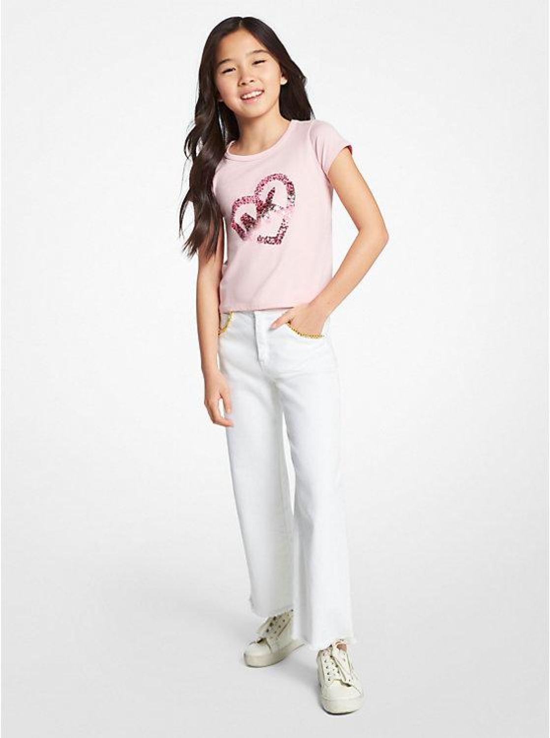 Stretch Cotton Sequined Logo Heart T-Shirt