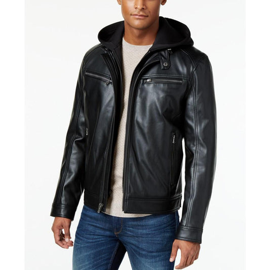 MICHAEL Kors Men's Faux-Leather Hooded Bomber Jacket, Created for Macy's
