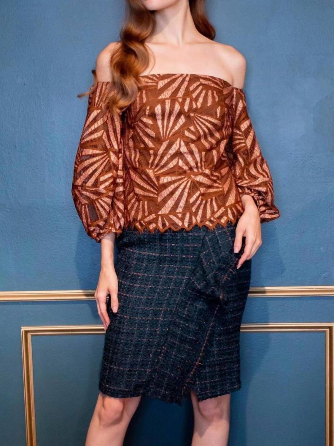 Tweed Pencil Skirt In Copper Teal