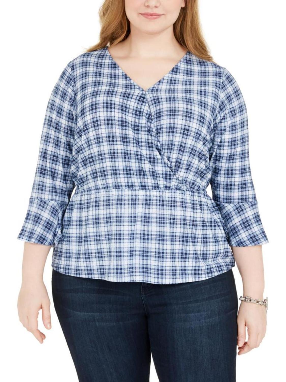 Plus Womens Plaid V-Neck Blouse