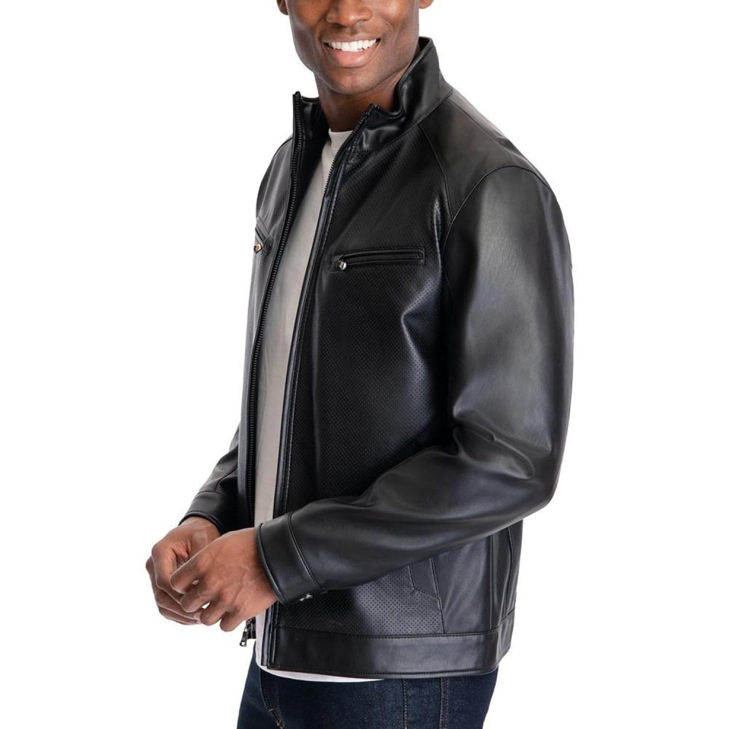 Men's Perforated Faux Leather Moto Jacket, Created for Macy's