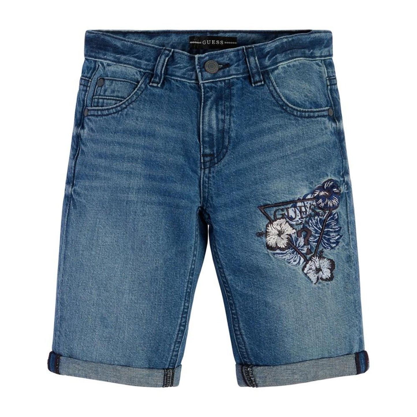 Big Boys Embroidered Triangle Logo Patch Linen Denim Shorts