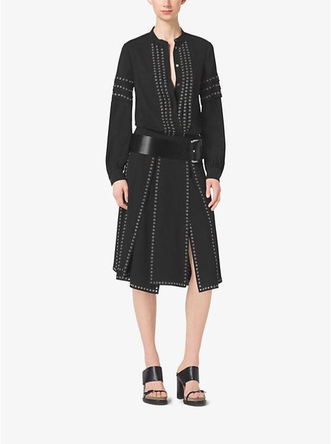 Grommet-Embroidered Slashed Georgette Skirt