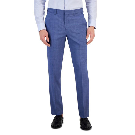 Men's Modern-Fit Stretch Mid Blue Micro-Houndstooth Wool Suit Pants