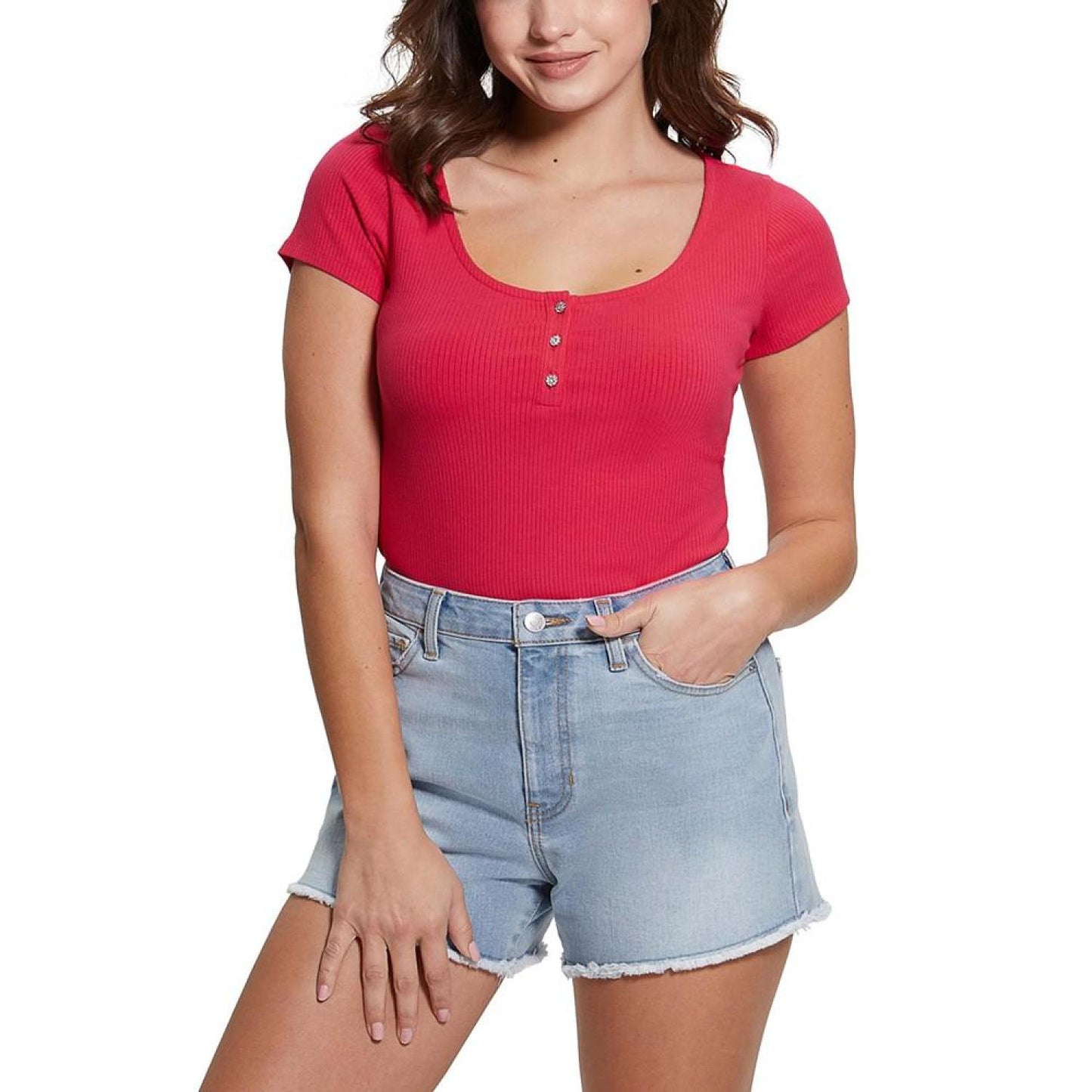 WOMEN'S Karlee Jewel-Button Ribbed Henley Top