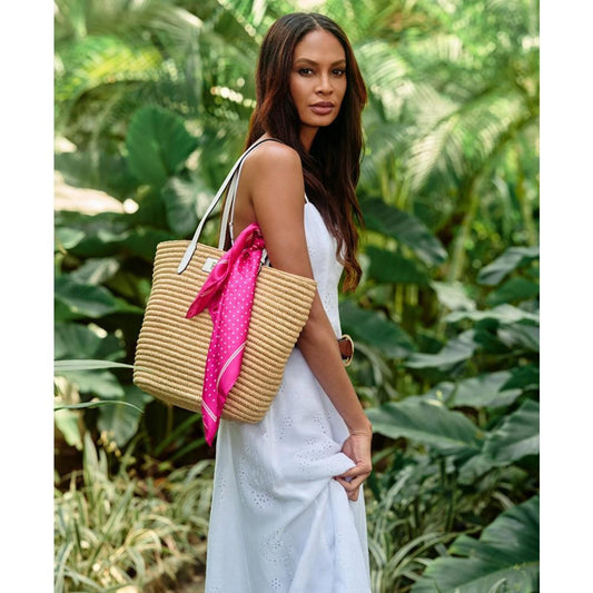 Brie Leather-Trim Straw Medium Tote Bag