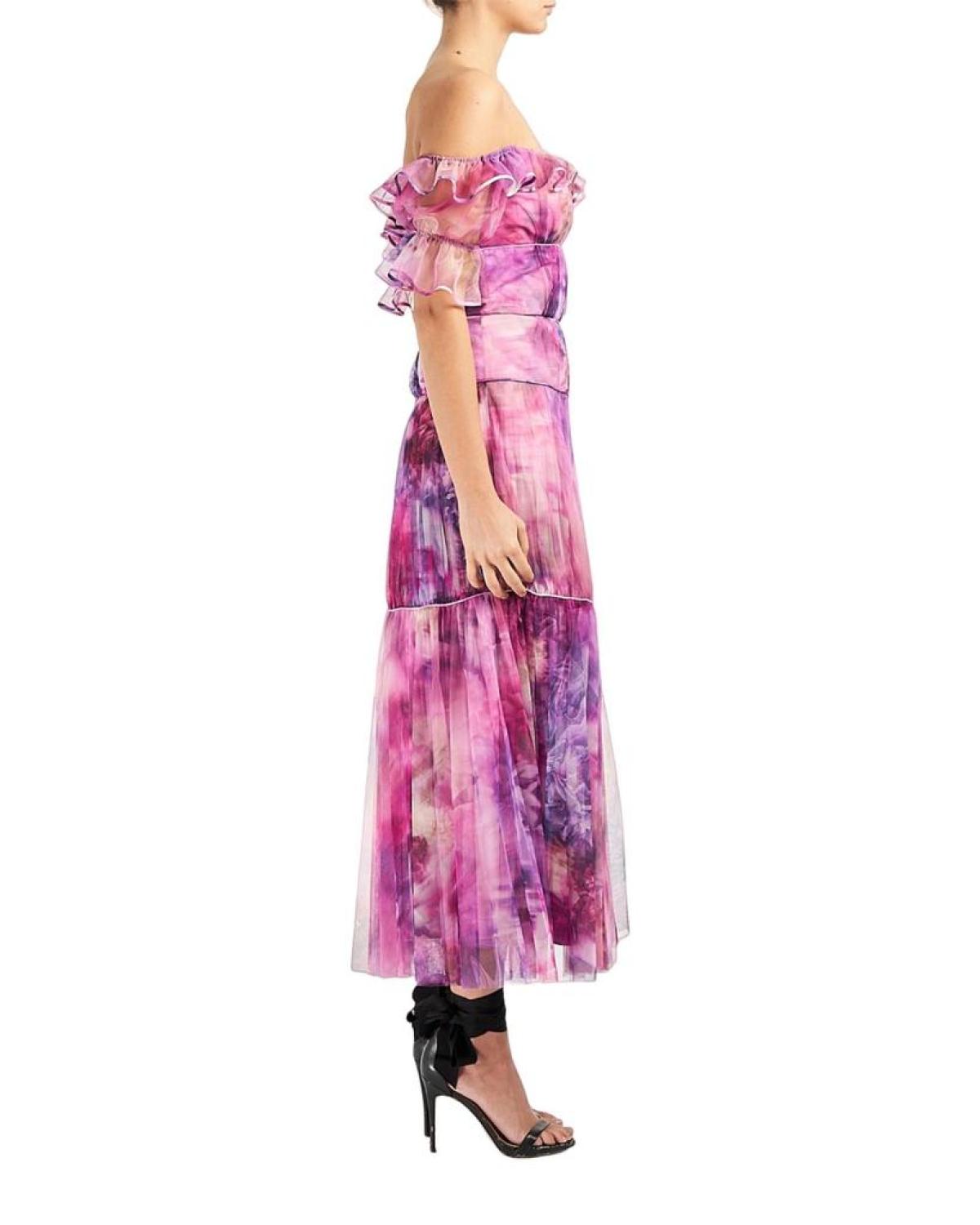 Pleated Chiffon Off-Shoulder Gown In Mauve