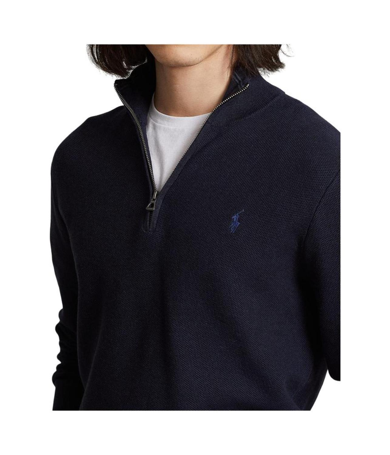 Mesh-Knit Cotton 1/4 Zip Sweater