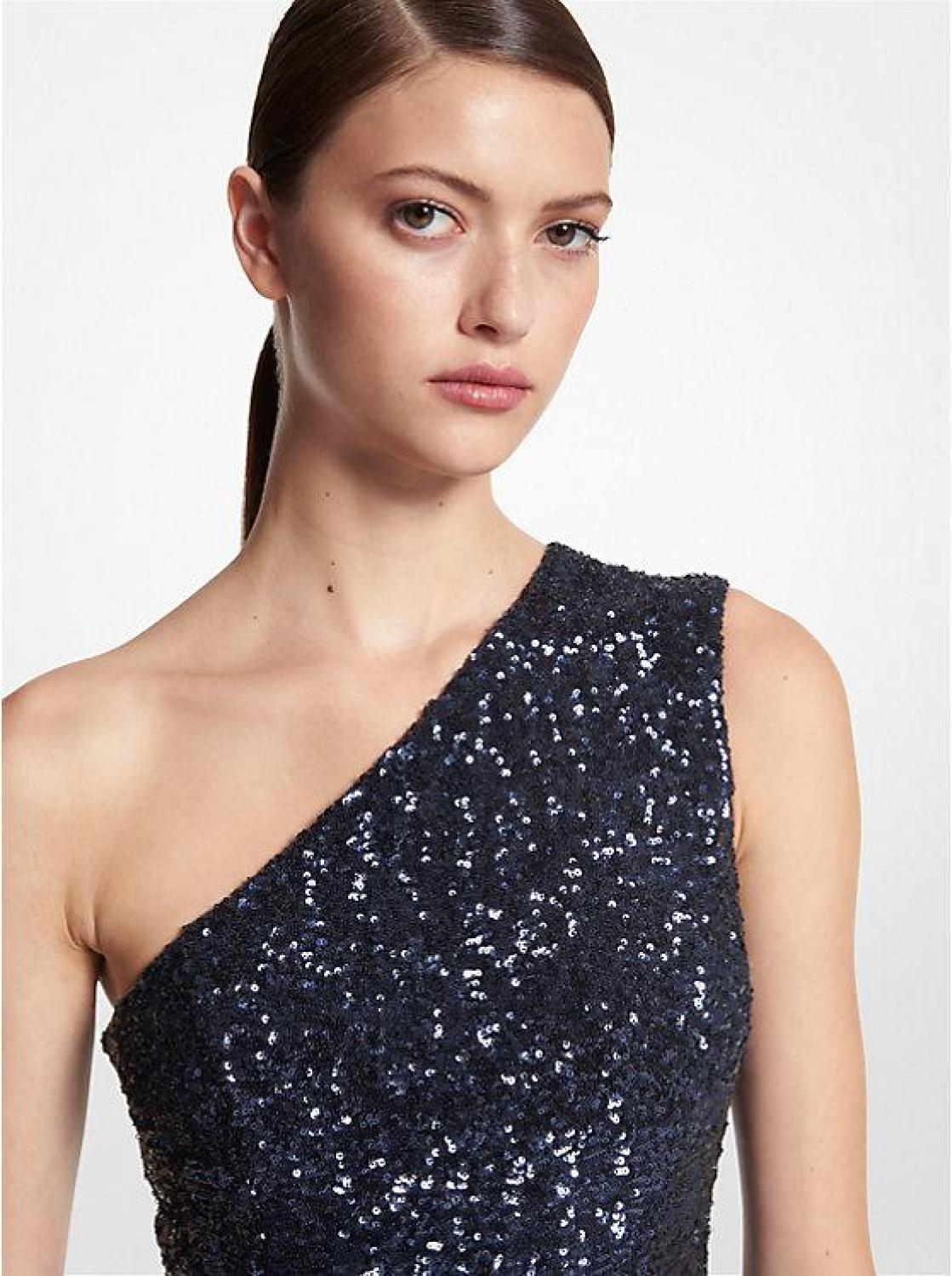 Sequined Stretch Tulle One-Shoulder Gown