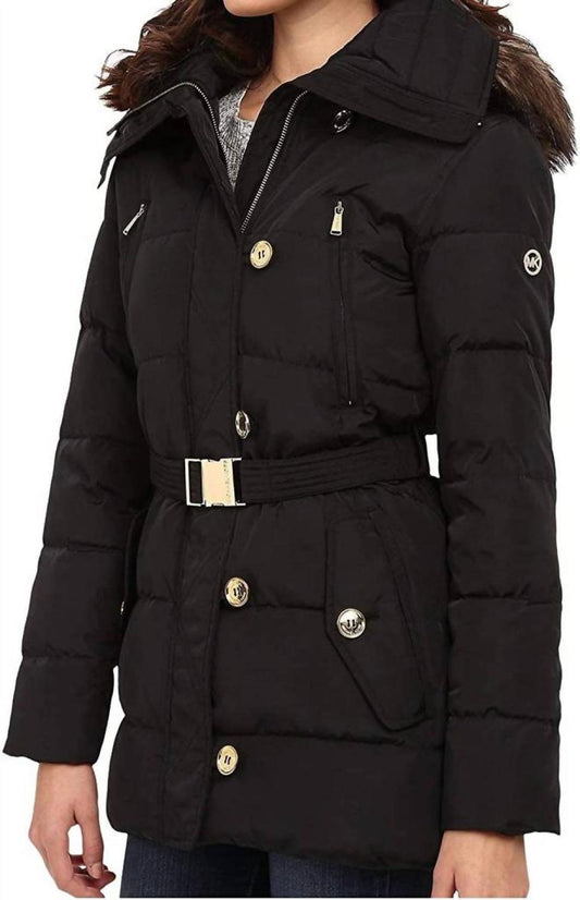 Fur Trim Hooded Down Coat in Black