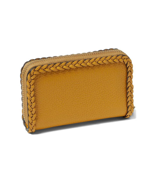 Braided Leather Trim Small Zip Around Card Case