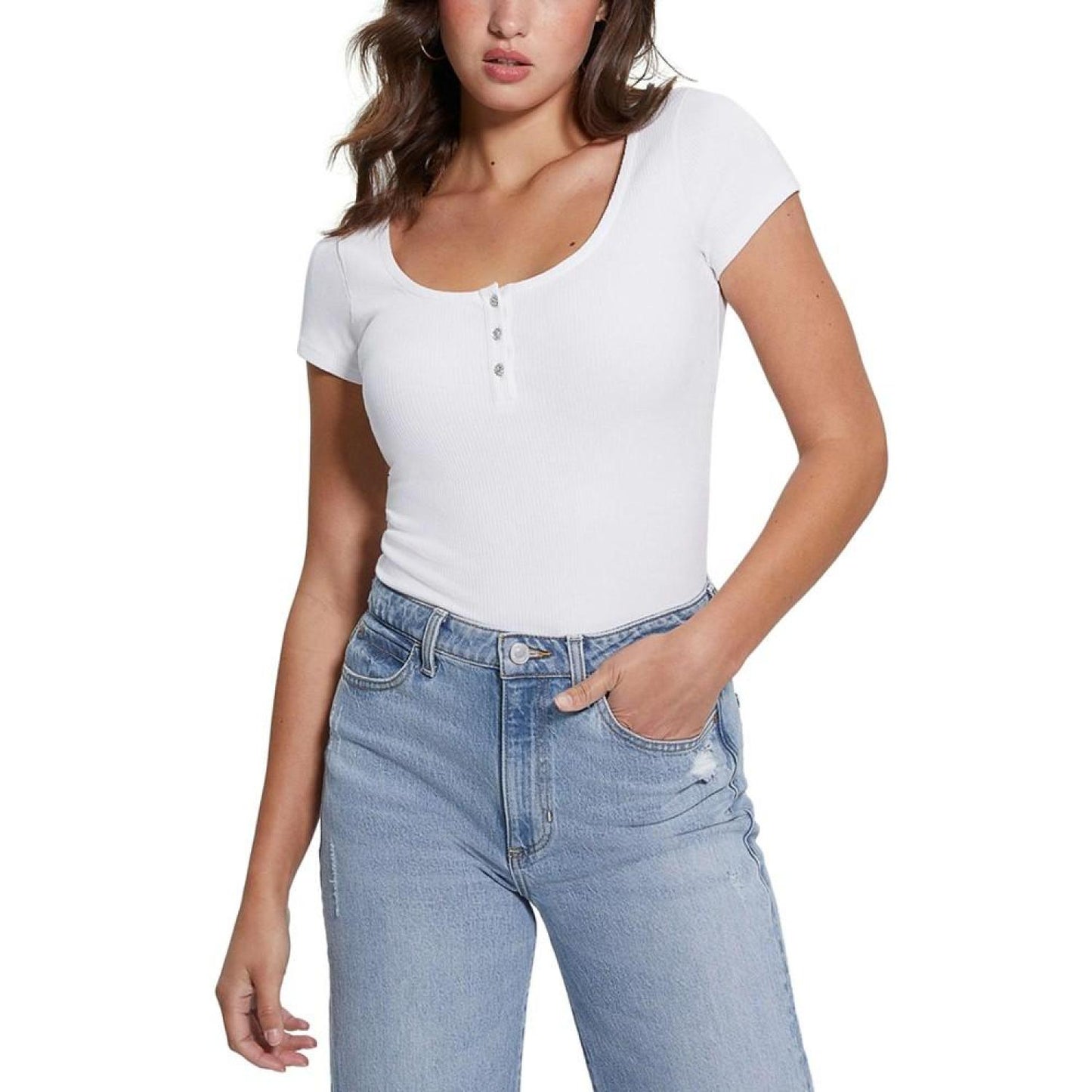 WOMEN'S Karlee Jewel-Button Ribbed Henley Top