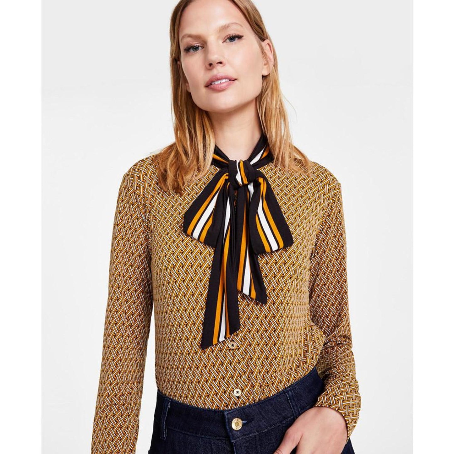 Women's Geo-Print Bow Blouse, Regular & Petite