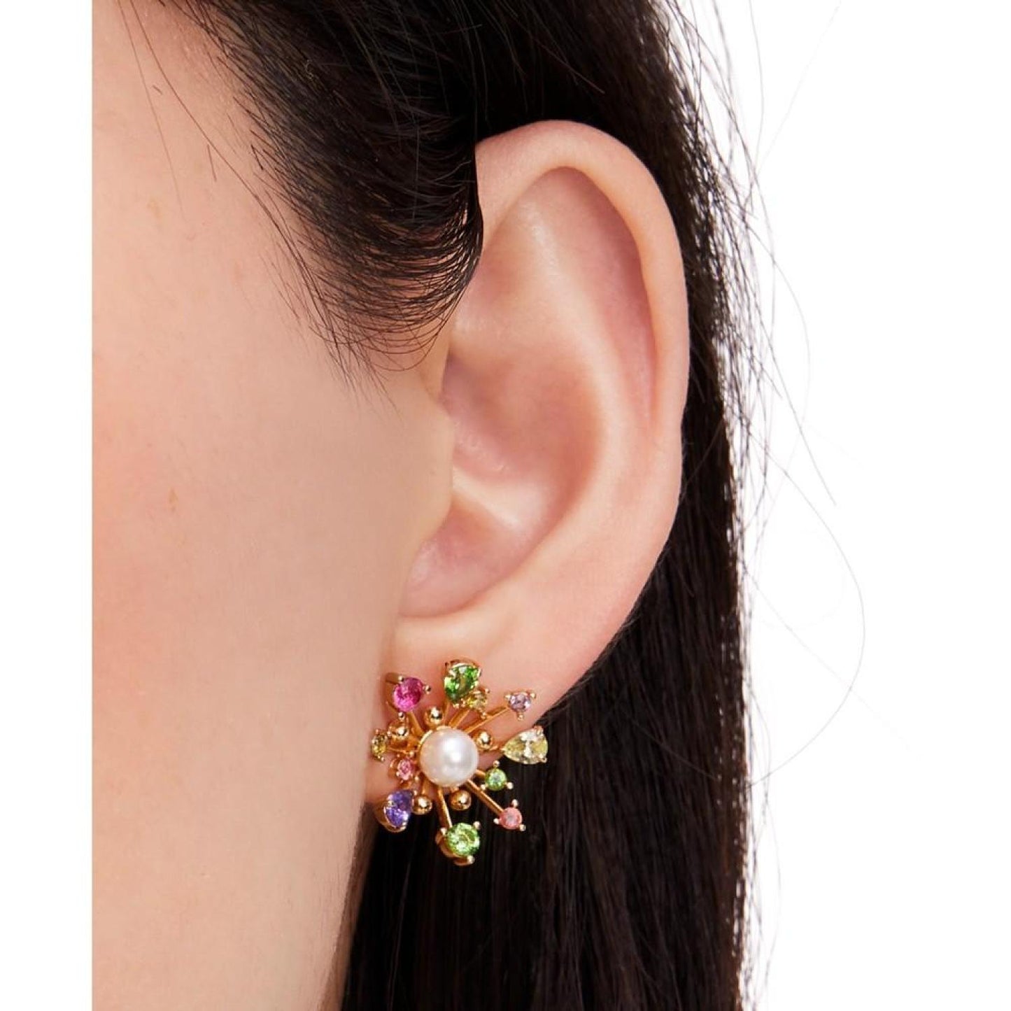 Gold-Tone Multicolor Cubic Zirconia & Imitation Pearl Flower Stud Earrings