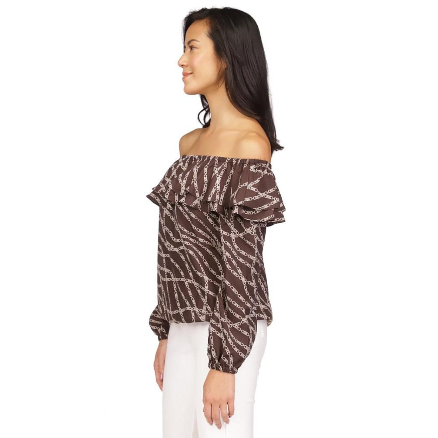 Women's Printed Stadium Ruffled-Overlay Off-The-Shoulder Top, Regular & Petite