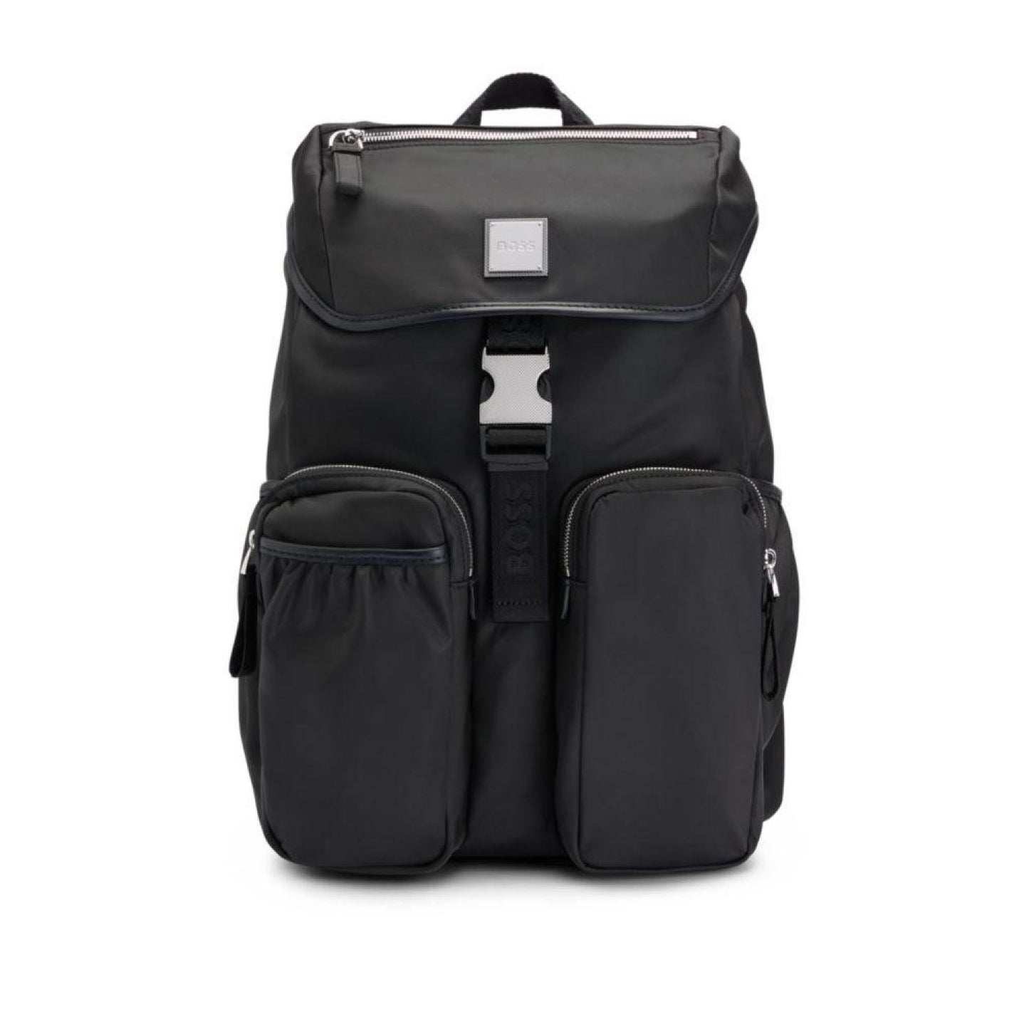 Flap-closure backpack with logo patch