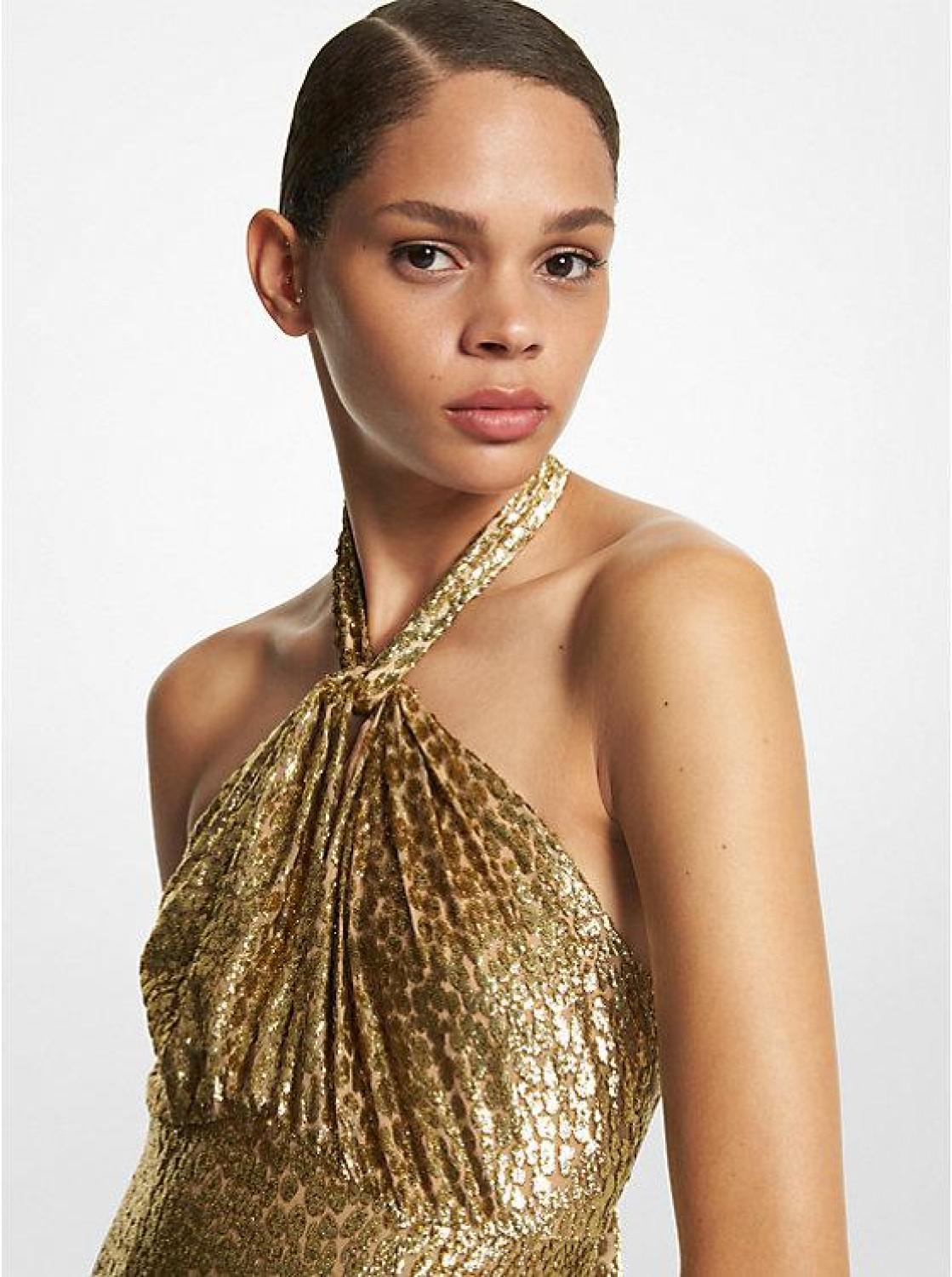 Leopard Metallic Fil Coupé Halter Gown