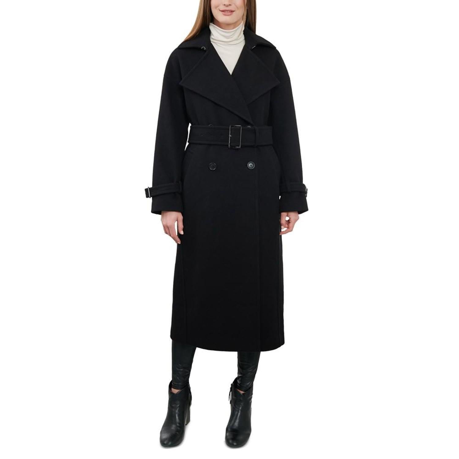Intense Red long belted Double-Breasted Coat with epaulettes