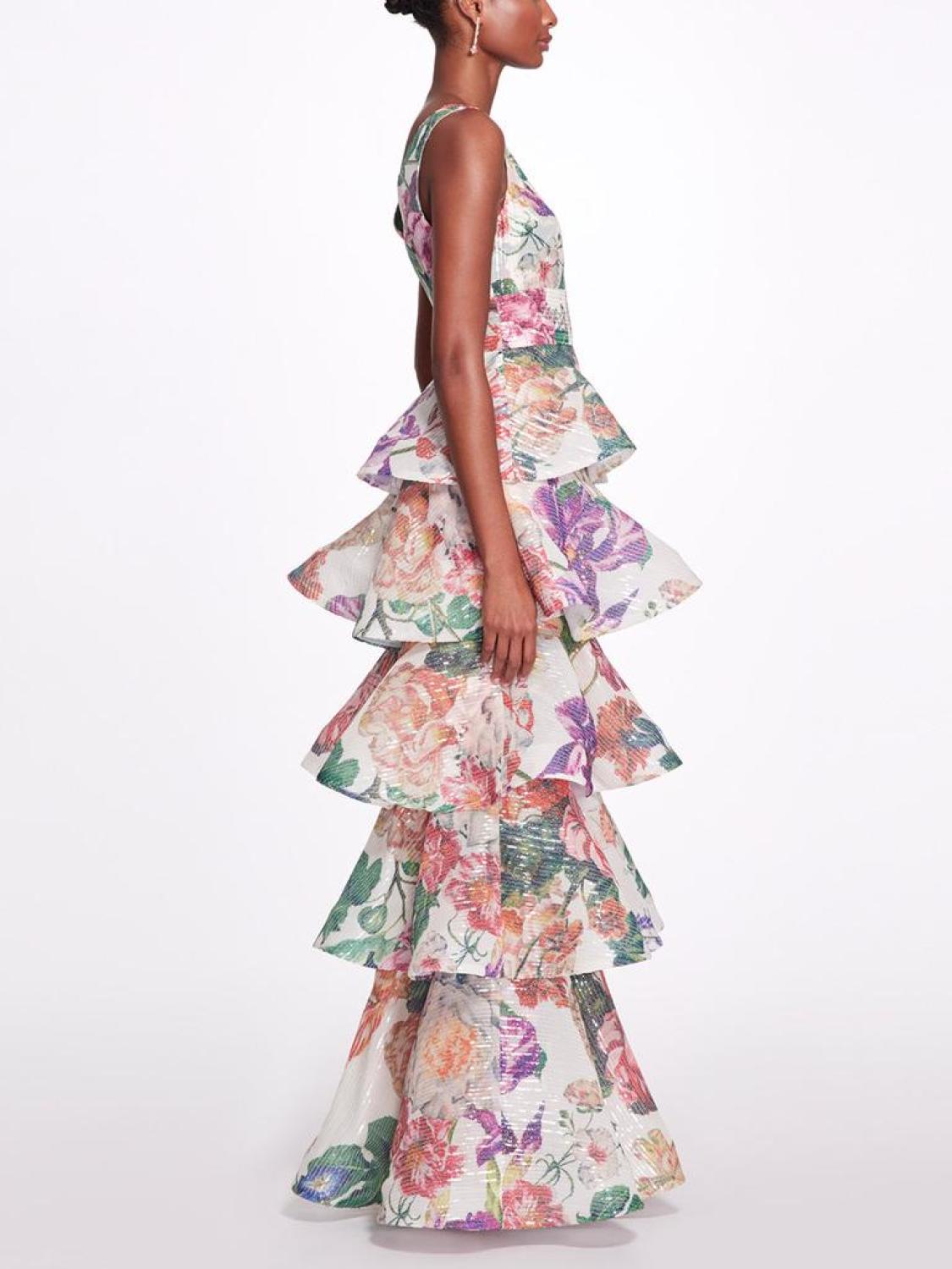 Plunging V-Neck Floral Printed Gown