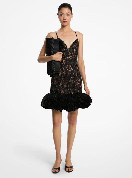 Hand-Embroidered Floral Lace and Fringe Cocktail Shaker Dress