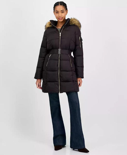 Women's Belted Hooded Faux-Fur-Trim Puffer Coat, Exclusively at Macy's