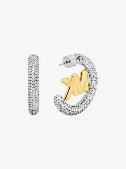 Large Pavé Logo Charm Two-Tone Hoop Earrings