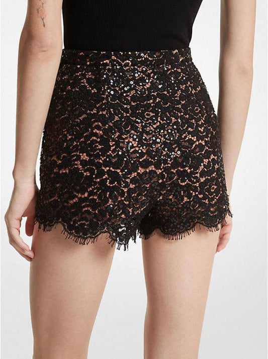 Hand-Embroidered Sequin Floral Lace Shorts