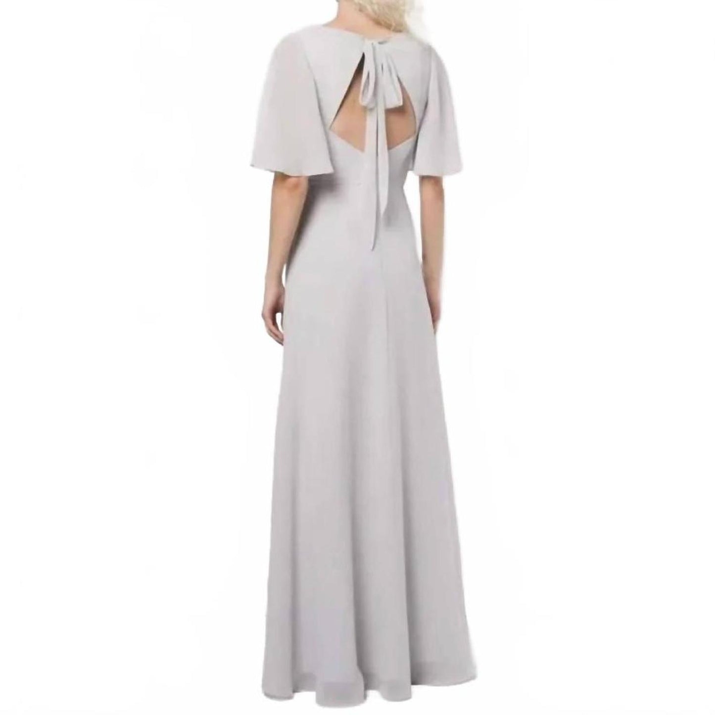 Bridesmaid's Rome Draped-Sleeve Rear-Cutout Wrap Gown In Dove Grey