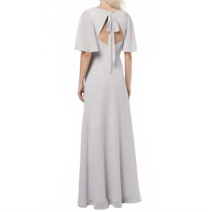 Bridesmaid's Rome Draped-Sleeve Rear-Cutout Wrap Gown In Dove Grey