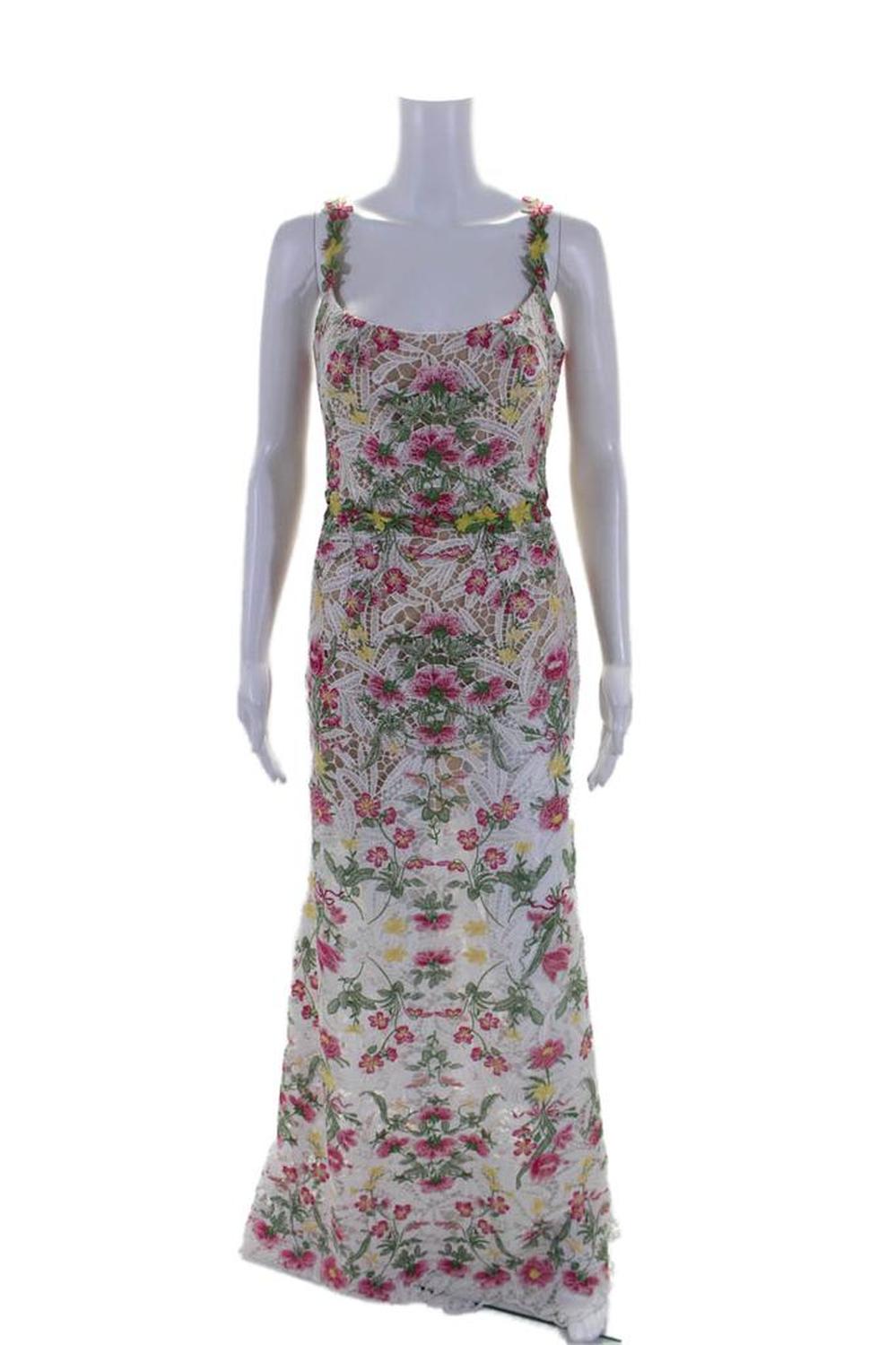 Marchesa Notte Womens White Floral Lace Scoop Neck Sleeveless Gown Dress