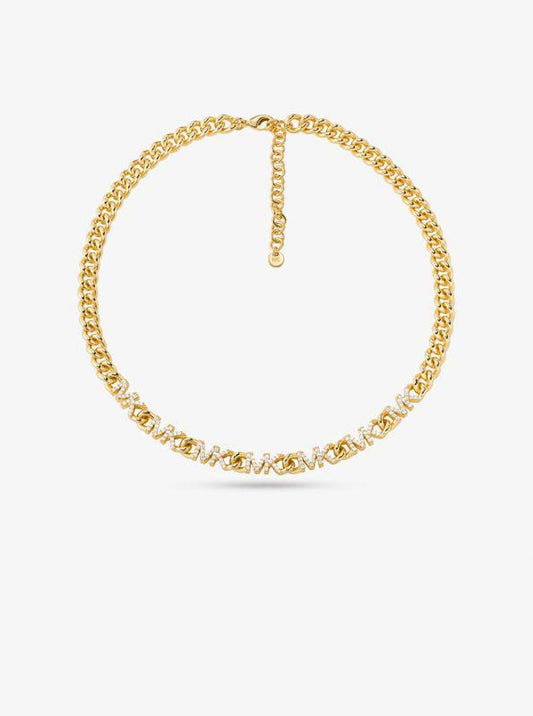 Precious Metal-Plated Brass Pavé Logo Chain Necklace